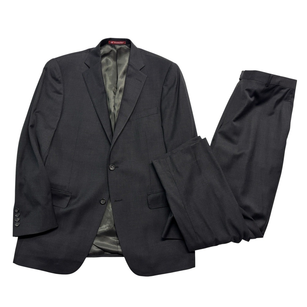 Hart Schaffner Marx 42R 36x30 Charcoal 2pc Pant Suit USA Wool Flat Front